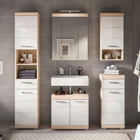 Ensemble salle de bain 5 meubles chêne clair et blanc - LAMBY