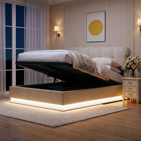 Lit coffre double 160x200 cm, avec tête de lit nuage, bandeau lumineux LED sous le lit, velours, sommier à lattes, adapté aux adultes et adolescents, lit tapissé hydraulique, Beige