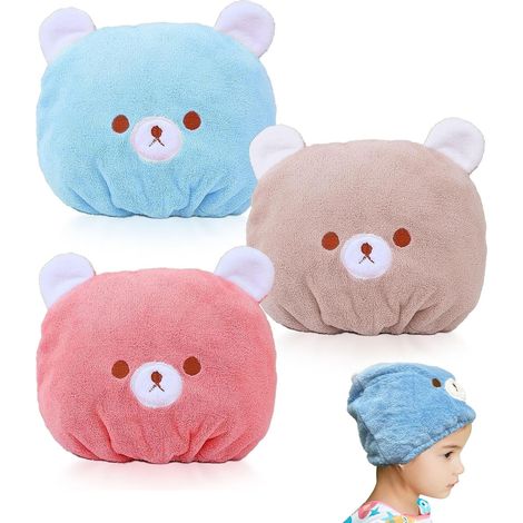 Ensemble de 3 serviettes cheveux microfibre enfants, serviette séchage rapide, turban microfibre ultra-absorbant, rose/bleu/marron.