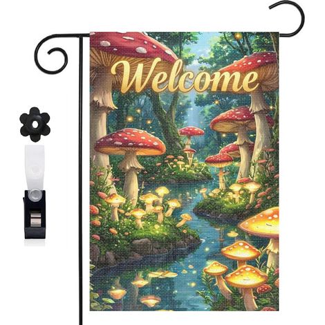 Drapeau de jardin décoratif 30 x 45 cm motif champignons en forêt style fantastique toile double face (1/5)