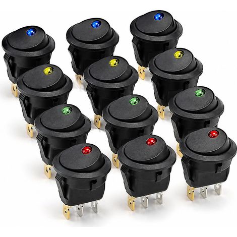 Interrupteur à Bascule 12V LED Auto Etanche 12 PCS, Commutateur Rond 20mm Tactile Cuivre SPST ON-OFF pour Voiture, Bateau, Camion, Camping-Car, Moto - Rouge, Bleu, Vert, Jaune (1/5)