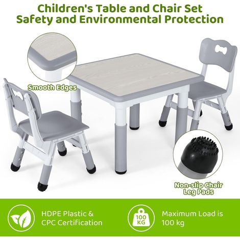 Tlgreen – Table enfant réglable en hauteur 60x60cm – 2 chaises 30x28cm – Plastique HDPE – Pour activités artistiques et jeux – Gris (1/5)
