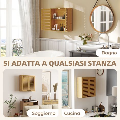 Étagère murale bambou pour salle de bain, 60x20x60 cm, couleur bois naturel, avec étagère réglable et portes à persiennes. (1/5)