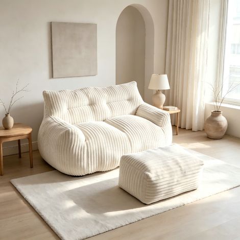 Canapé 2 Places en Velours Côtelé Blanc Crème avec Pouf Repose-Pieds – Canapé Relax Surdimensionné, adapté au Salon, Chambre, Dortoir et Balcon (1/5)