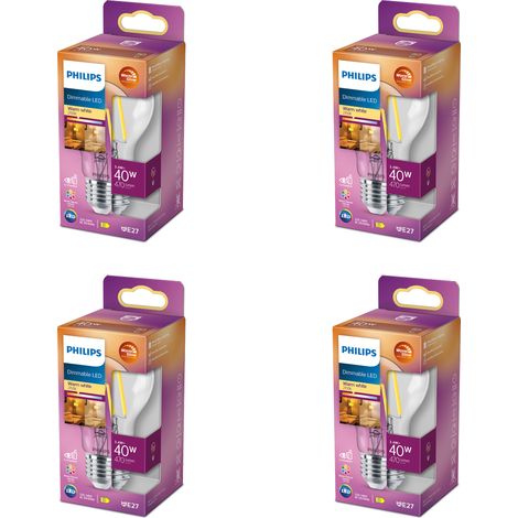 Philips Pack avantagé E27 WarmGlow Ampoule Standard Claire 40W Dimmable Lumière blanche chaude - 4 pièces (1/2)