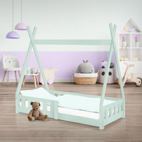 ML-Design Cama Infantil Tipi 70x140cm con Protección Anticaída y Somier Estructura Listones de Madera de Pino Maciza Color Menta Lecho de Suelo Forma de Casa Mobiliario Juego Tienda de Campaña Niños (1/5)