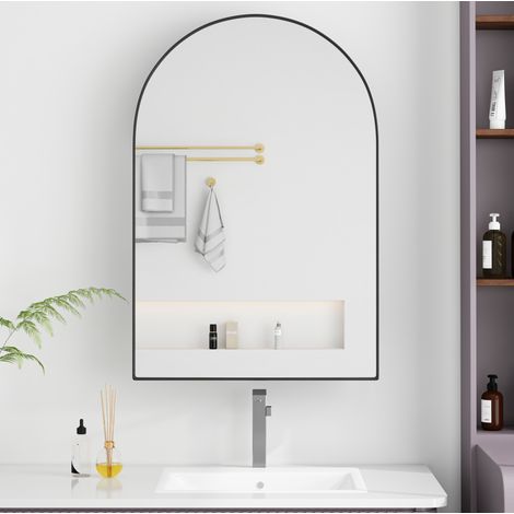 Meuble miroir de salle de bains arqué moderne en métal noir, armoire murale ou encastrable avec 2 étagères en verre (1/5)