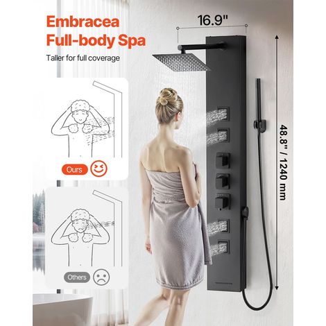 Colonne de douche murale 4 en 1 en acier inoxydable brossé 124 cm, tête pluie, 4 jets massants, mitigeur 4 fonctions, douchette main et robinet bain (1/5)