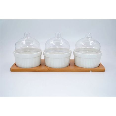 Antipastiera Ciotoline in Ceramica con Base in Legno 3 Coppette con Coperchi (1/2)