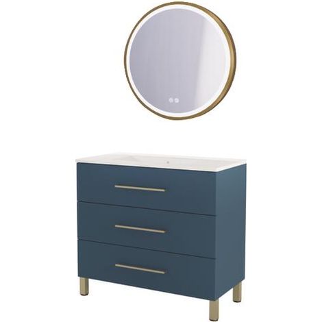ONDEE ZEN - Meuble à poser MONACO - Dim 90cm - Bleu Minéral - Mir ALEXINE - Poignées Dorées (1/3)
