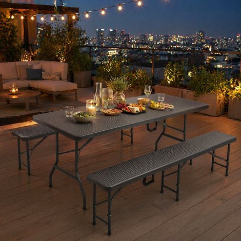 Set pique-nique pliable 3 pièces marron effet bois avec 2 bancs, rangement facile – dimensions sur demande (1/5)
