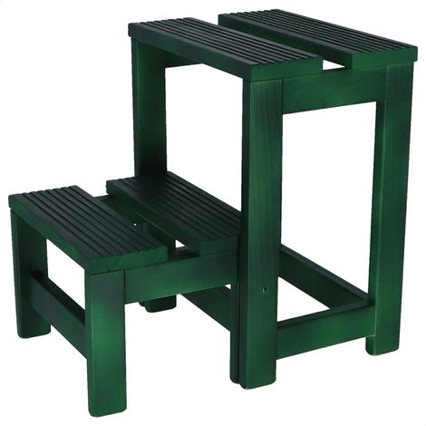 WELL HOME - Taburete escalera 2 peldaños fabricado en madera, acabado en verde, 32x23x40 cm