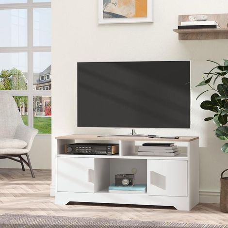 Meuble TV Banc TV en Bois Grand Espace de Rangement avec 2 Compartiments Ouverts 2 Armoires à Porte Une Armoire Ouverte 105 x 40 x 52 cm Blanc