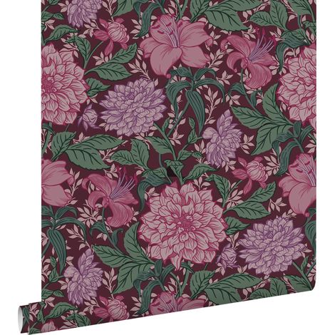 papier peint fleurs vintage rose bonbon, violet et vert - ESTAhome (1/5)