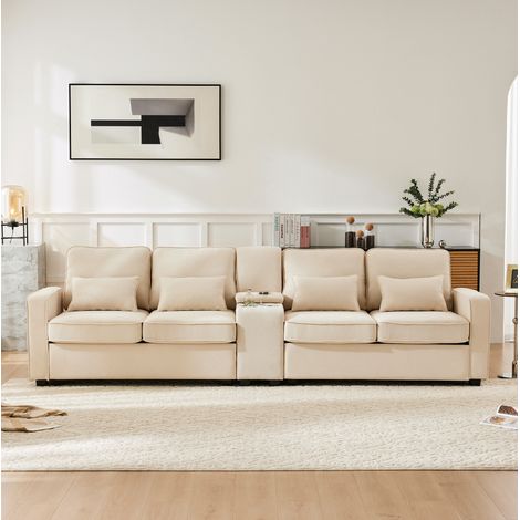 4-Sitzer-Sofa 290x83x88 cm Beige Leinenstoff mit Konsole, USB-Anschluss, Getränkehaltern und Kissen (1/5)