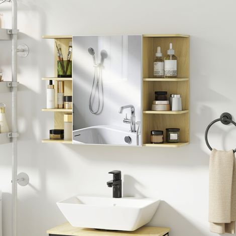 Badezimmer-Wandschrank mit Spiegel, Tür und offenen Regalen, 80 x 20 x 59 cm, Natur