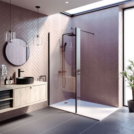 Wet Room Screen Walk In Enclosure 8mm Glass Frameless Return Panel Black 900mm (1/5)