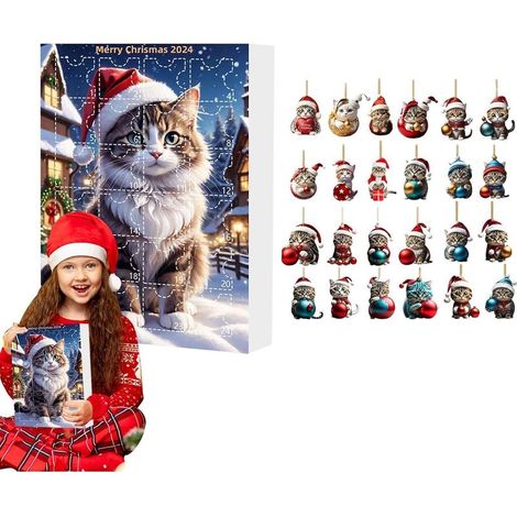 Calendrier de l'Avent pour chat 2024, calendrier de compte à rebours de Noël pour chat, calendrier de compte à rebours de Noël de 24 jours avec jouets de de chat mignons, décoration murale amus (1/5)