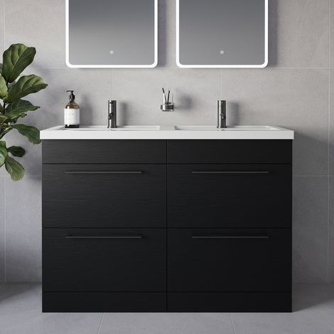 Napoli 390 Nero Oak 1200mm 4 Drawer Vanity Unit with Double Lucia Basins - 1200mm - Gunmetal Grey 320mm Handle