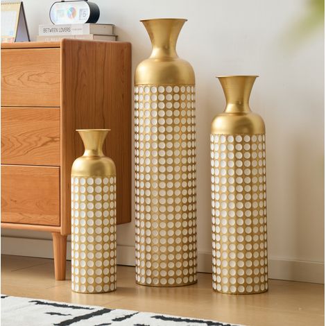 Jarrón de suelo set de 3, 24.5x24.5x92 cm, diseño de puntos, metal, bronce antiguo y blanco (1/5)