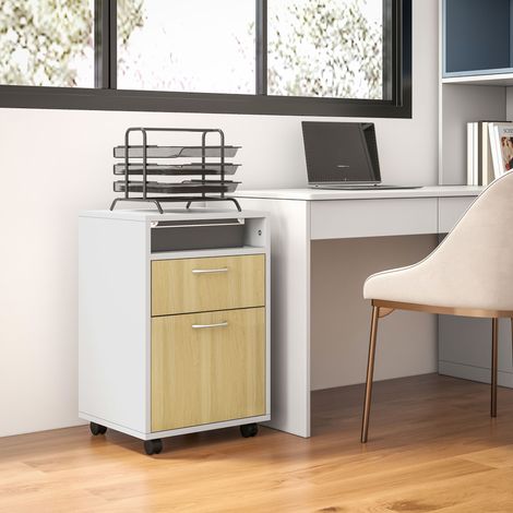 Mobiletto da ufficio con cassetti e armadietto su ruote, supporto per stampante per studio, 40x35x60 cm, bianco e naturale