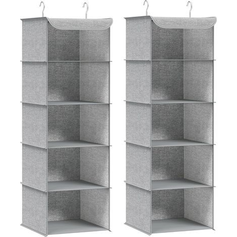 Set mit 2 Hängeregalen, faltbar, bambusverstärkt, Metallhaken, Leinenmuster, für Kleiderschränke (1/5)