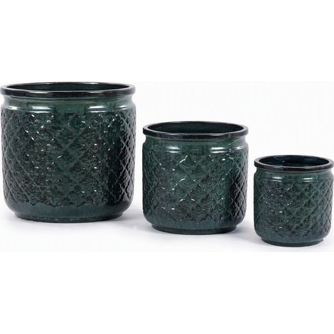 Lot de 3 pots en céramique Ø38,1/30,5/22,9 cm, vert foncé à motifs géométriques. En terre cuite respirante, parfait pour orchidées, usage intérieur et extérieur, rebord de fenêtre ou étagère. (1/5)