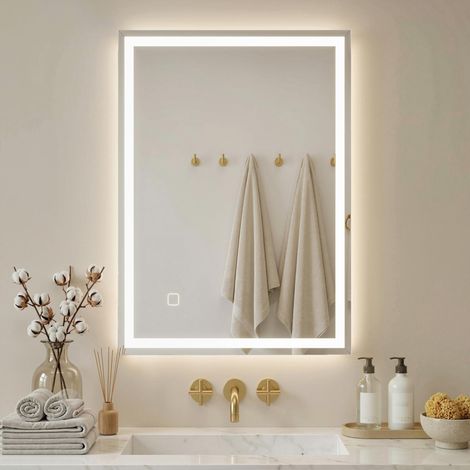 Miroir de salle de bain, miroir mural avec LED et interrupteur tactile, blanc