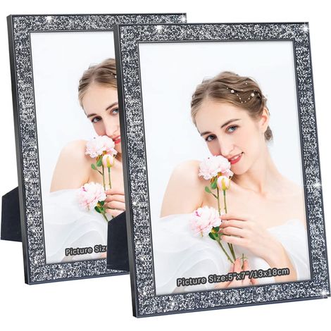 Lot de 2 cadres photo de 12,7 x 17,8 cm avec strass effet miroir, cadre photo mural en verre et métal pour affichage mural ou de bureau (noir) (1/5)