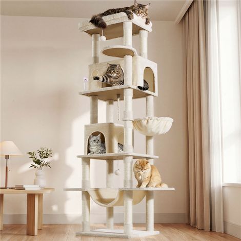 Yaheetech Arbre à Chat XXL 210 cm 6 Niveaux Beige 2 Grandes Niches, 9 Poteaux de Sisal, Large Plateforme, Long Hamac, Panier et Jouets Suspendus pour Chats Petits/Moyens (1/5)