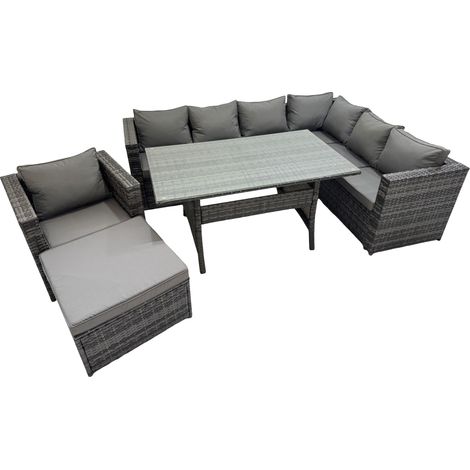 Fimous Rattan Garden Furniture Set Outdoor 8 Seater Patio Dining Corner Sofa Sets with Dining Table Chair Big Stool Dark Grey Mixed (1/5)
