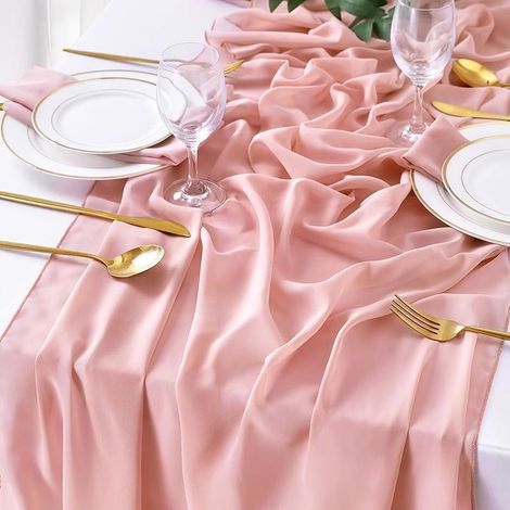 Tischläufer aus puderrosa Gaze im Bohème-Stil, Chiffon, für Hochzeiten, Partys, Weihnachten, Geburtstage, 70 x 300 cm (1/5)