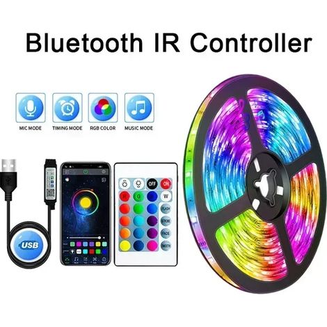 Bande lumineuse LED RGB (contrôleur Bluetooth 30 m) 5 V USB, barre lumineuse LED flexible à changement de couleur (1/5)
