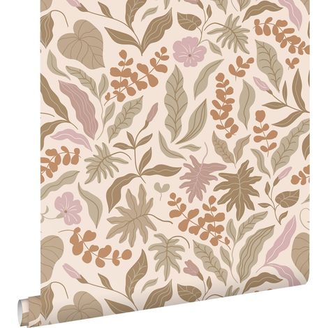 papier peint feuilles et fleurs beige chaud, terracotta et violet  - ESTAhome (1/5)