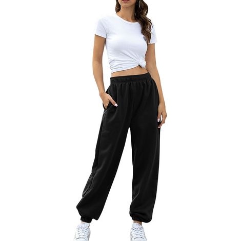 Pantalon Long Femme - Taille Élastique - Couleur Unie - Design Cheville Bandée - Noir - Taille S (1/5)