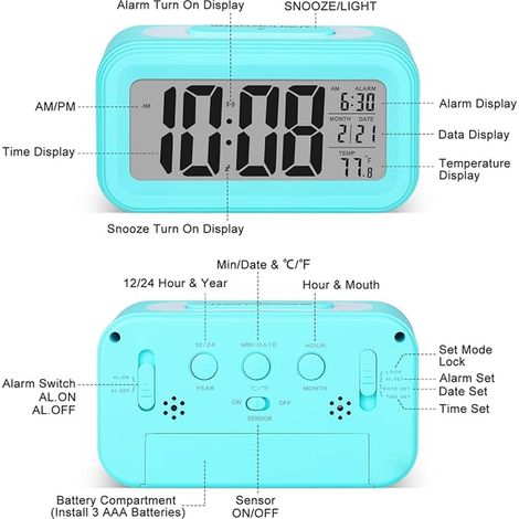 Réveil Numérique Reveille Digital Reveil Matin Silencieux et Intelligent à Piles avec LED Reveil Lumineux avec Fonction Snooze Date Température pour Enfant Ado Fille Garcon Adulte, Bleu (1/3)