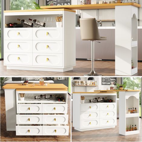 Table de bar extensible de haute qualité avec rotation à 360° et espace de rangement, longueur réglable de 138 à 203 cm, table de bar roulante moderne avec tiroirs pour cuisine, salon, salle à manger,