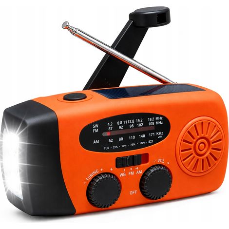 Radio solar portátil Sanelite con manivela, linterna y batería externa naranja (1/5)