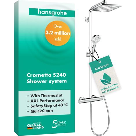 Hansgrohe Crometta E 27281000 – Colonne de douche à économie d'eau (EcoSmart) avec mitigeur thermostatique, douche à effet pluie (240 x 240 mm), douchette à main, support, flexible, barre et douche de (1/5)