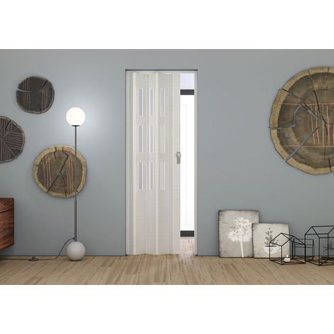 Porta a Soffietto da Interno Maya 83x214 cm Made in Italy in PVC con Vetro Satinato Palissandro Bianco Orizzontale Rilievo
