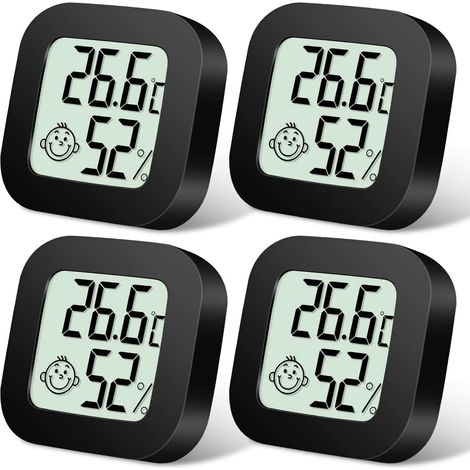 Thermomètre LCD mini, lot de 4 : thermomètre intérieur, hygromètre, sans fil, pour chambre bébé, salon, bureau, serre (noir). (1/5)
