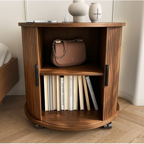 Comodino rotondo 60/60/60 cm effetto noce con presa e 2 USB, porta scorrevole e ruote (1/5)