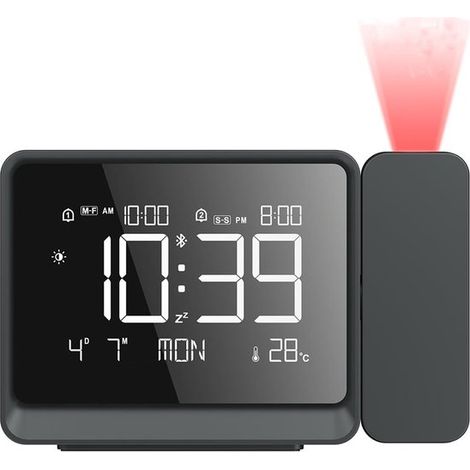 - Réveil - Réveil numérique - Réveil à projection - Port de chargement USB - Synchronisation Bluetooth automatique - Volume réglable - Idéal pour les chambres - Fixation au plafond - Noir (1/5)