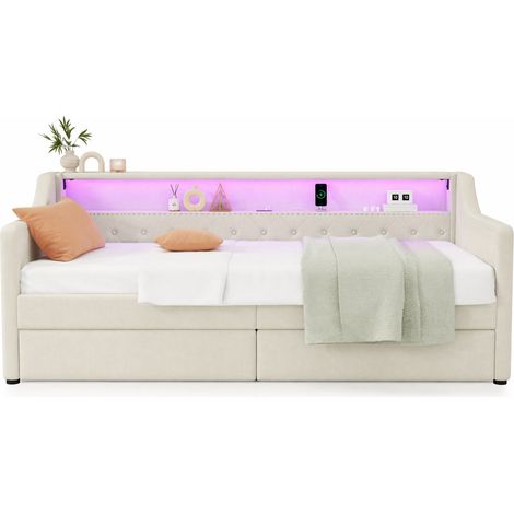 CHICFURN Canape Lit Daybed 90 x 200 cm Beige avec Eclairage LED et Deux Tiroirs (1/5)