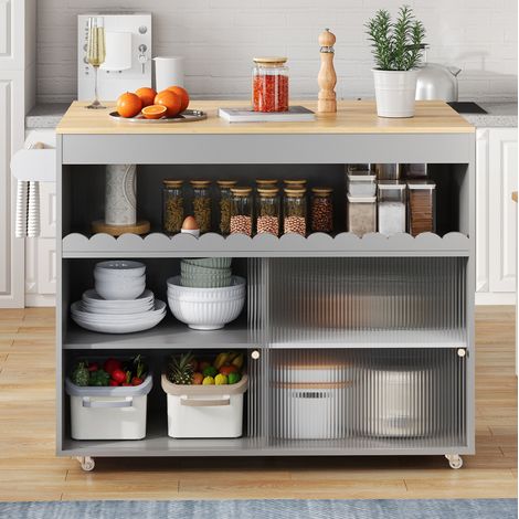 REDOM Carrello isola cucina 122x46x91 cm, piano pieghevole, ante scorrevoli in vetro temperato, MDF grigio (1/5)