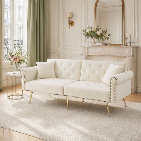 Divano letto 2 posti 173x75x70 cm in velluto beige, salvaspazio per soggiorno FloraGrace (1/5)