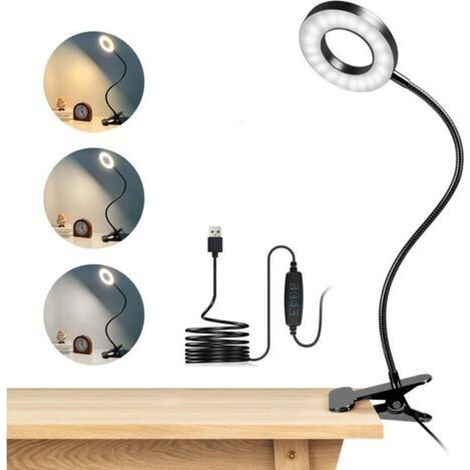 Lampada da scrivania con clip e 48 LED, luce di lettura flessibile a 360°, 3 modalità di illuminazione e 10 livelli di luminosità, lampada da scrivania LED USB per studiare e lavorare, nera [Classe en (1/4)