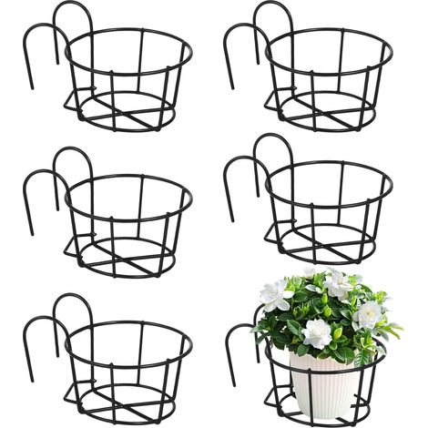 Juego de 6 soportes colgantes para plantas, 16 x 16 x 14 cm, de hierro, para balcón, valla, terraza, pared y jardín, color negro. (1/5)