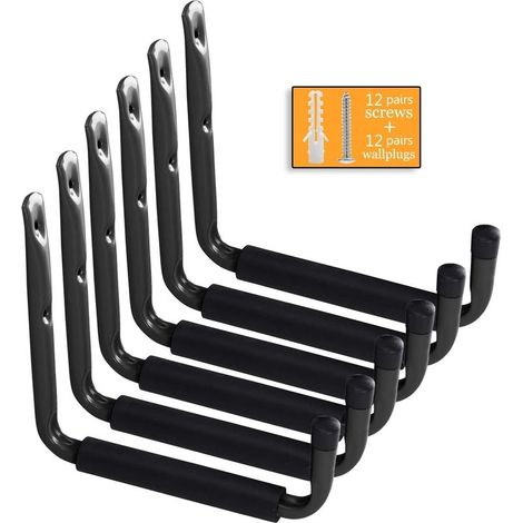 CYRILL –Crochets pour Garage, Crochet Vélo Mural Crochets Utilitaires Résistants de Stockage de Garage avec le Bras Jumbo, 6 Pcs Cintre de Garage de Bâti et l'Organisateur pour Tuyau de Chaise Largeur (1/5)