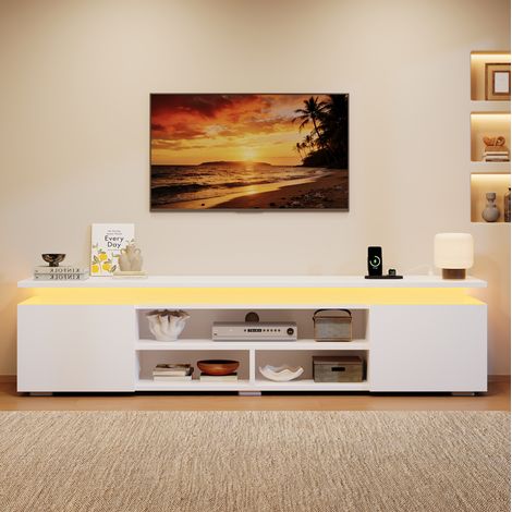 Meuble TV LED RGB 180x35x42 cm avec 2 placards et 3 niches, contrôle appli et vocal, MDF blanc pour salon (1/5)